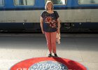 Lynne posing before boarding the Orient Express